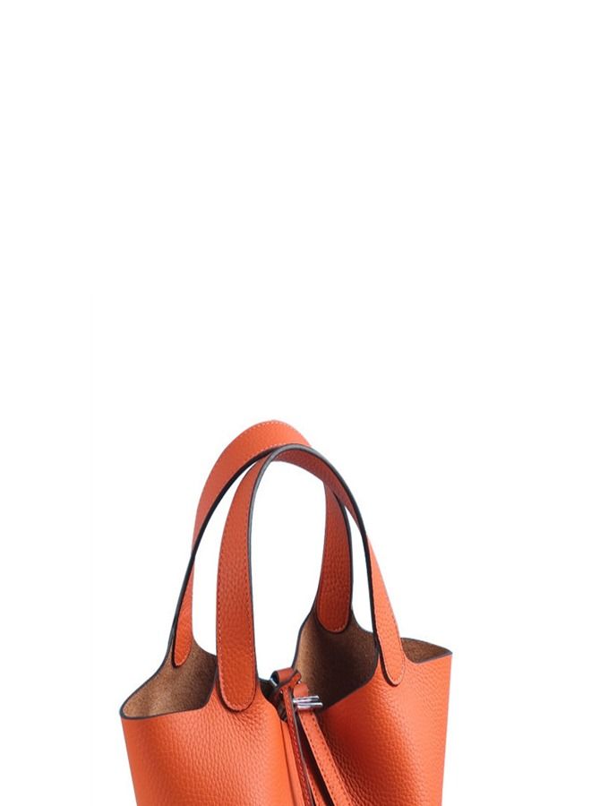 Loquat Litchi Grain Top Layer Cow Skin Bucket Bag Orange  - Image 3