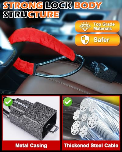 Tevlaphee Steering Wheel Lock Seat Belt Lock Universal Anti Theft Car Device Car Lock Car Theft Prevention with 3 Keys for Car Security Fit Most Vehicles Truck SUV Van (Red) - Image 5