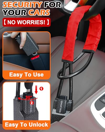 Tevlaphee Steering Wheel Lock Seat Belt Lock Universal Anti Theft Car Device Car Lock Car Theft Prevention with 3 Keys for Car Security Fit Most Vehicles Truck SUV Van (Red) - Image 3