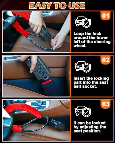 Tevlaphee Steering Wheel Lock Seat Belt Lock Universal Anti Theft Car Device Car Lock Car Theft Prevention with 3 Keys for Car Security Fit Most Vehicles Truck SUV Van (Red) - Image 4