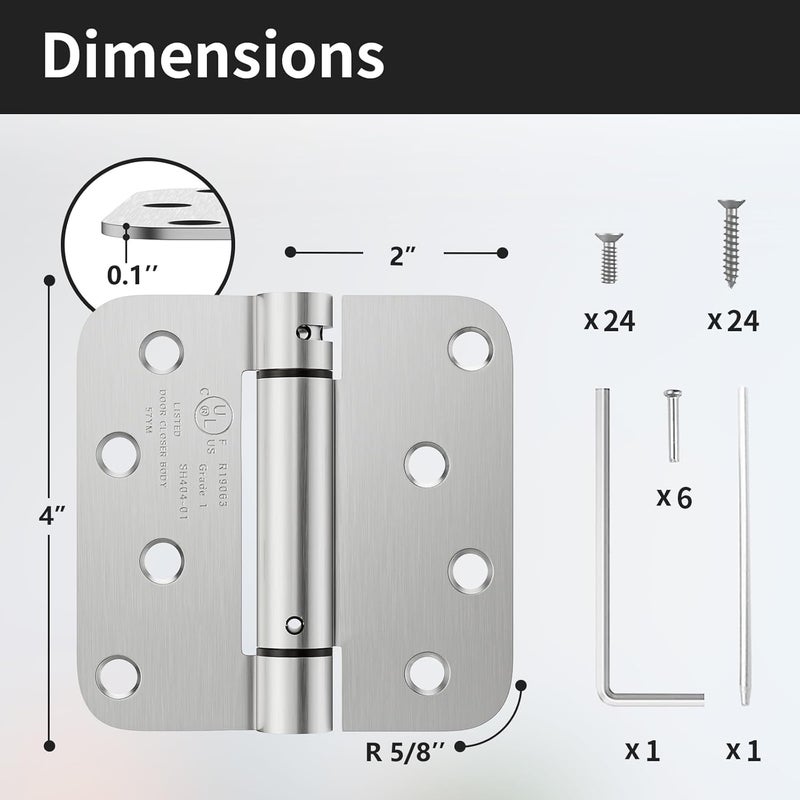 Bubxo 3 Pack Self Closing Door Hinges 4 Inch, Automatic Closing Door Hinge with 5/8'' Radius Corners, Adjustable Tension for Garage, Front, Back Door, UL Listed, Left and Right Hand, Brushed Nickel - Image 2
