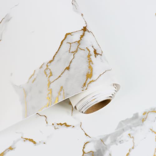VaryFloral White and Gold Marble Contact Paper Peel and Stick Marble Wallpaper Removable Waterproof Cabinet Contact Paper for Countertops Vinyl Wrap Marble Wall Paper for Bathroom Kitchen 11.8"x118" - Image 1