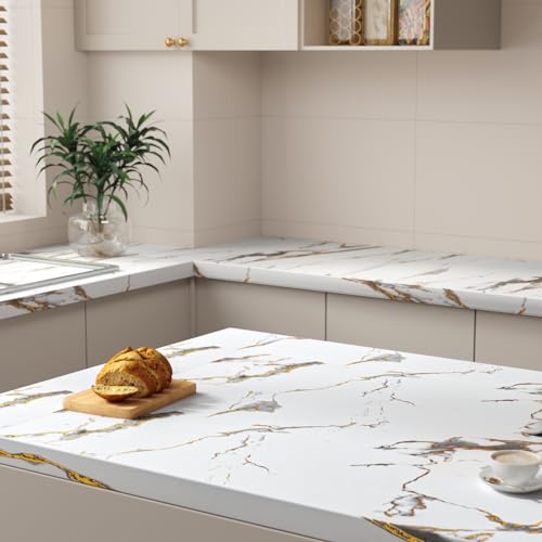 VaryFloral White and Gold Marble Contact Paper Peel and Stick Marble Wallpaper Removable Waterproof Cabinet Contact Paper for Countertops Vinyl Wrap Marble Wall Paper for Bathroom Kitchen 11.8"x118" - Image 2