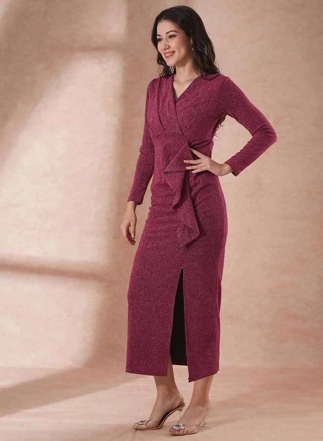 globus Shimmer Long Sleeves Ruffle Detail Bodycon Maxi Dress