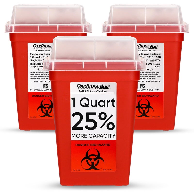 Oakridge Products Sharps Container for Home Use and Professional 1 Quart (3-Pack), Biohazard Needle and Syringe Disposal, Small Portable Container for Travel, CDC Certified - Image 1