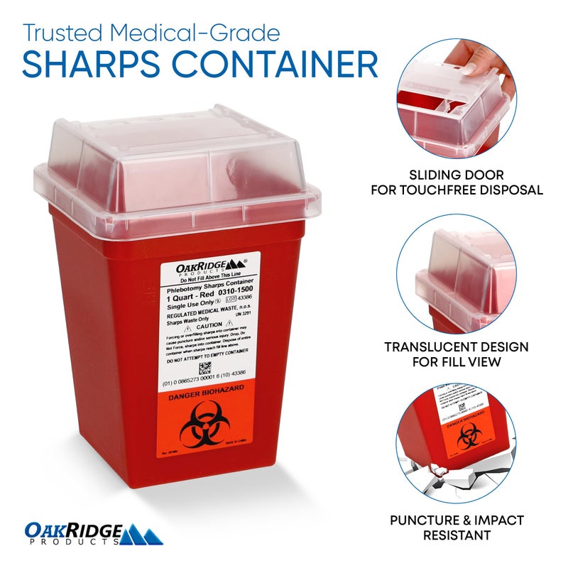 Oakridge Products Sharps Container for Home Use and Professional 1 Quart (3-Pack), Biohazard Needle and Syringe Disposal, Small Portable Container for Travel, CDC Certified - Image 4