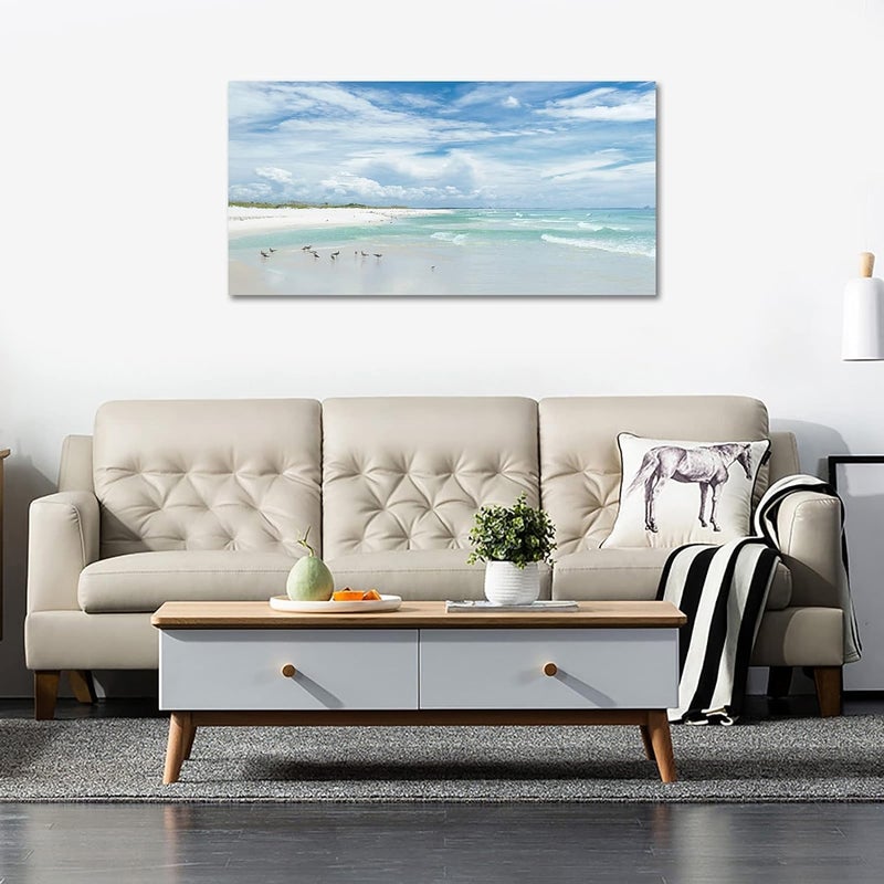 Al Raied ARS Sea Beach Canvas Art 20x40 Inch - Aqua Ocean Wall Art with Sea Birds - Image 2