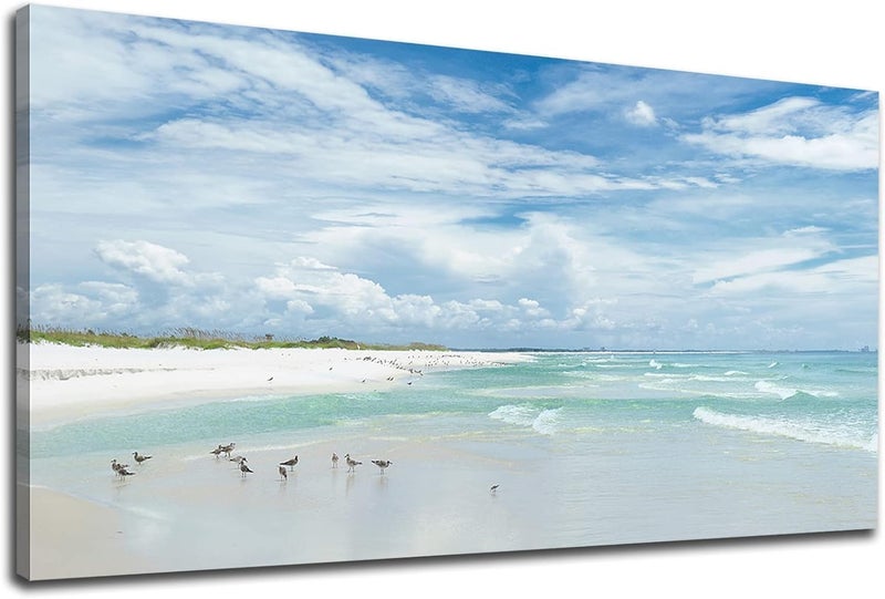 Al Raied ARS Sea Beach Canvas Art 20x40 Inch - Aqua Ocean Wall Art with Sea Birds - Image 1