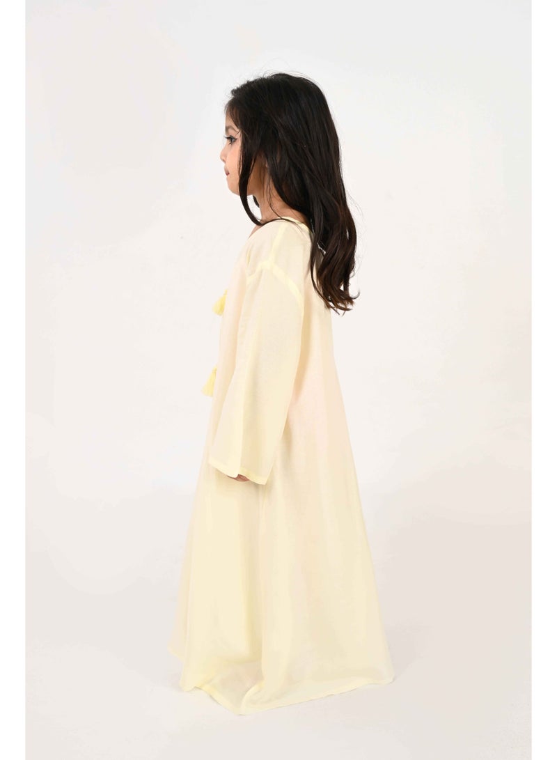 Linelle Kids Jalabiya – Yellow Rayon Maxi with Full Loose Sleeves and Tassel Detailing - Image 3