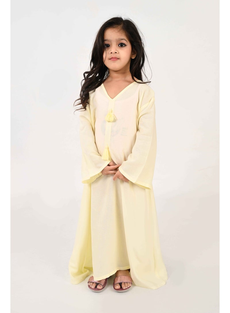 Linelle Kids Jalabiya – Yellow Rayon Maxi with Full Loose Sleeves and Tassel Detailing - Image 5