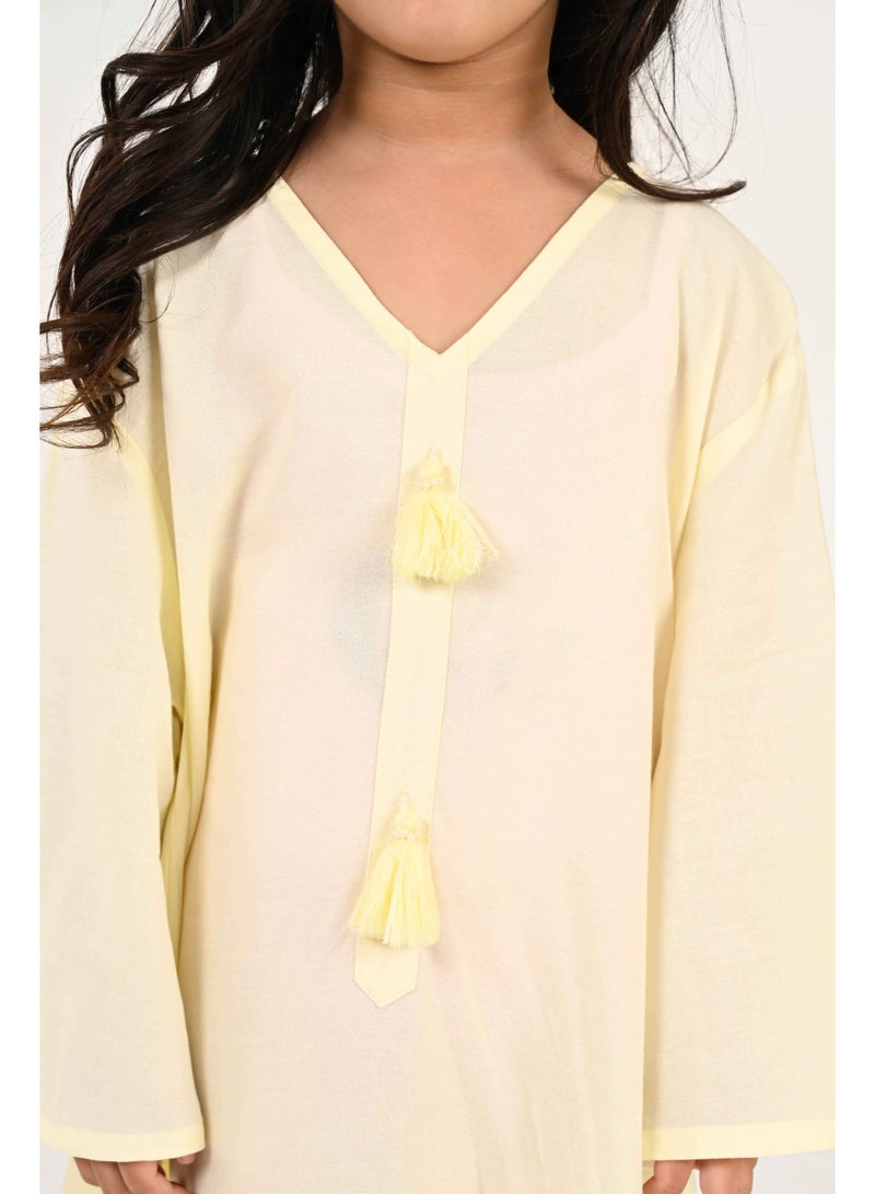 Linelle Kids Jalabiya – Yellow Rayon Maxi with Full Loose Sleeves and Tassel Detailing - Image 2