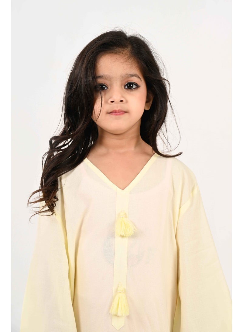 Linelle Kids Jalabiya – Yellow Rayon Maxi with Full Loose Sleeves and Tassel Detailing - Image 1