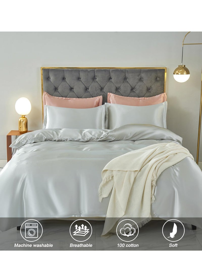 Bedding Duvet Cover Sets, 3 Pieces Satin Bedding Set, Queen Size Silky Duvet Covers Collection, 1x Cooling Duvet Cover 90x90 Inches and 2 Pillowcases, Comforter Not Included （Silver）  - Image 4