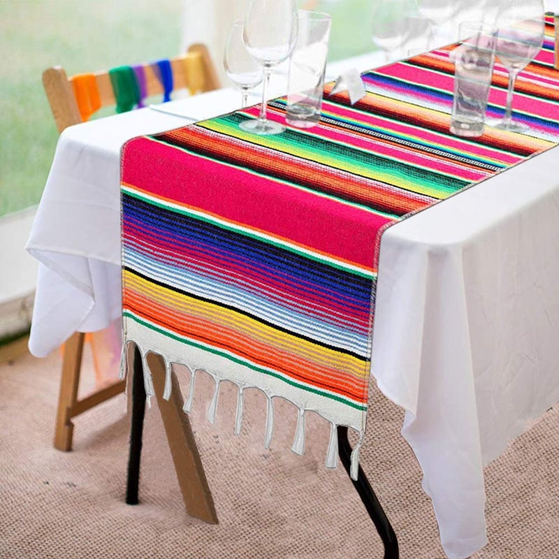 Fowecelt Mexican Serape Table Runner 14 x 84 Inch for Mexican Party Wedding Decorations Outdoor Picnics Dining Table Fringe Cotton Handwoven Table Runners