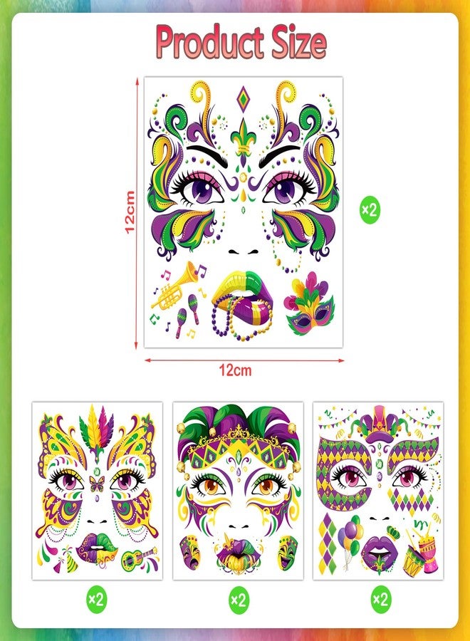 Qpout 8 Pieces Mardi Gras Face Tattoos,New Orleans Parade Themed Carnival Party Tattoos Stickers for Adults Makeup Mask Masquerade Celebration Party Decoration Favor Supplies(4 Styles) - Image 2