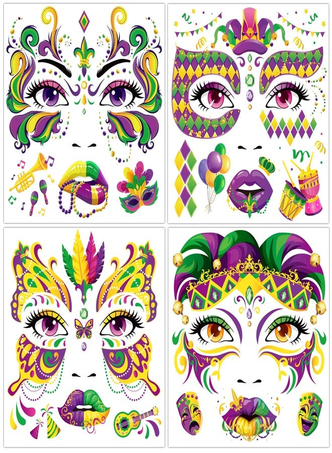 Qpout 8 Pieces Mardi Gras Face Tattoos,New Orleans Parade Themed Carnival Party Tattoos Stickers for Adults Makeup Mask Masquerade Celebration Party Decoration Favor Supplies(4 Styles) - Image 1