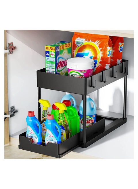 Under Sink Organizer, Under Bathroom Sink Storage 2 Tier Organizer Bath Collection Baskets with Hooks
