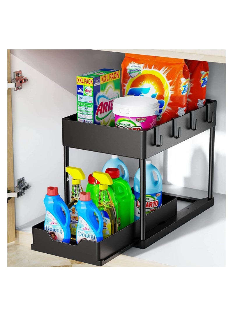 منظم تحت الحوض، تخزين تحت حوض الحمام، سلال مجموعة حمام من طبقتين مع خطافات - Image 1