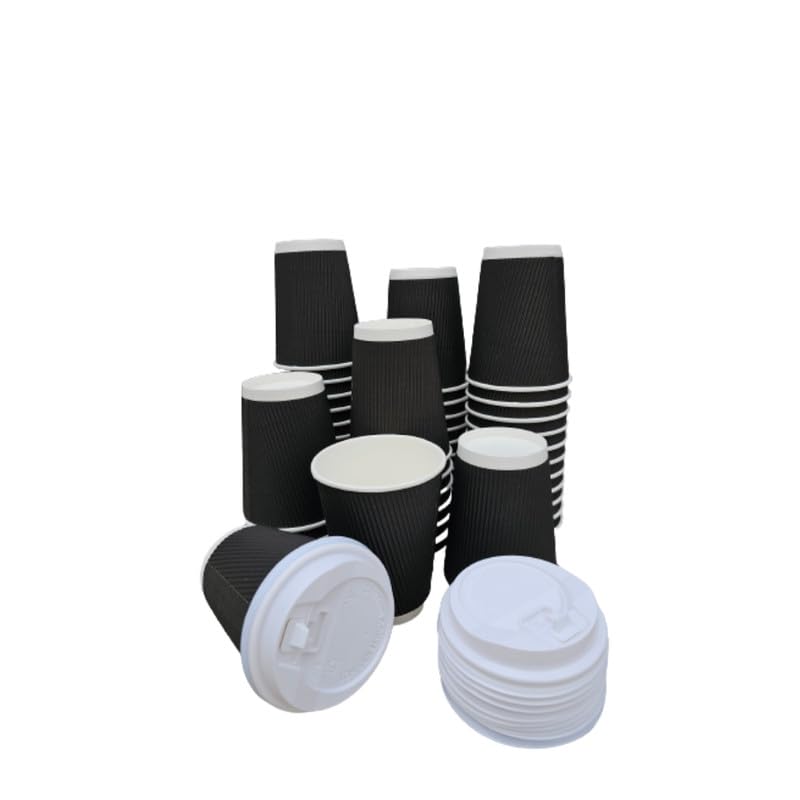 SEZ 360 ML Black Ripple Paper Cups for Coffee Tea and Cappuccino in Party Office Events and Other with Biodigradable Sugarcan Lid Pack of 25 - Image 2