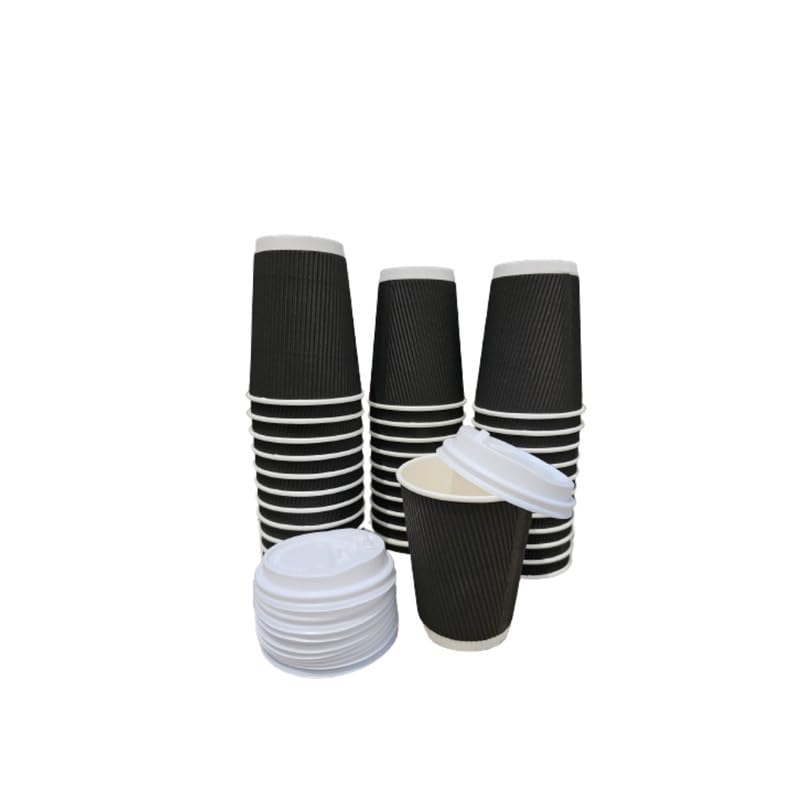 SEZ 360 ML Black Ripple Paper Cups for Coffee Tea and Cappuccino in Party Office Events and Other with Biodigradable Sugarcan Lid Pack of 25 - Image 1