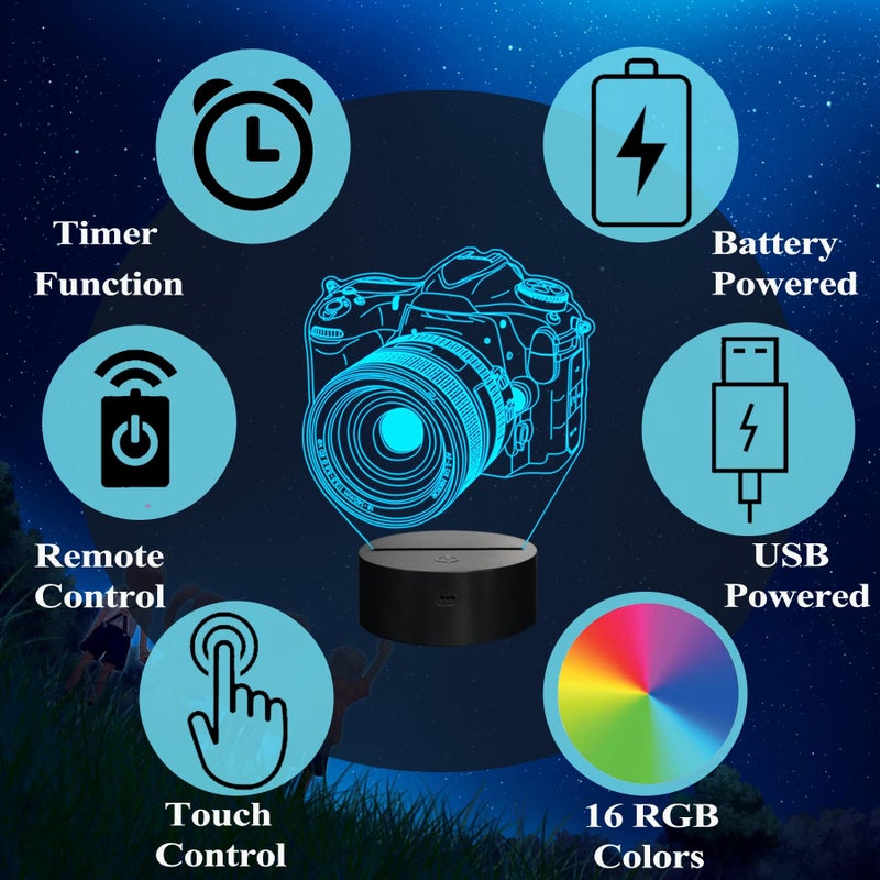 POSSHE Photographer Gifts for Men, Camera 3D Night Light with Remote Control, 16 Colors Changing, Timer, Dimmable, RGB Flashing Mode, Photography Gifts Gifts for Men Women Christmas Decor - Image 4
