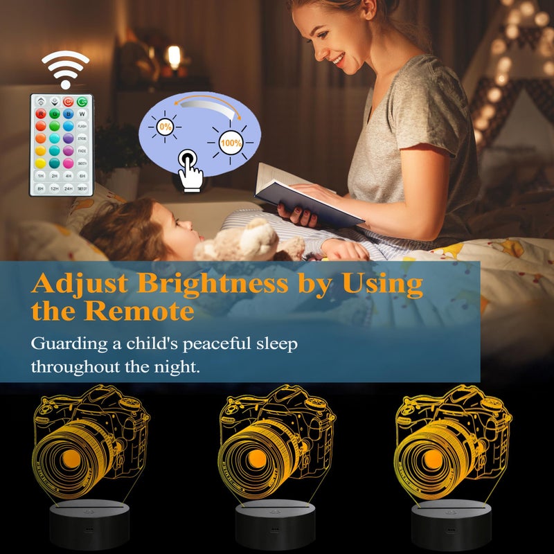 POSSHE Photographer Gifts for Men, Camera 3D Night Light with Remote Control, 16 Colors Changing, Timer, Dimmable, RGB Flashing Mode, Photography Gifts Gifts for Men Women Christmas Decor - Image 3