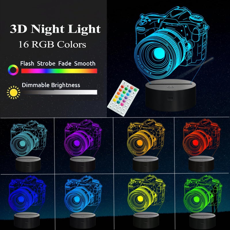POSSHE Photographer Gifts for Men, Camera 3D Night Light with Remote Control, 16 Colors Changing, Timer, Dimmable, RGB Flashing Mode, Photography Gifts Gifts for Men Women Christmas Decor - Image 2
