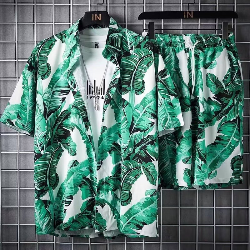 Generic Seaside suit Mens Quick-drying Summer Short-sleeved Shirt Fashionable plus size Color Beach Shorts Two-piece Set for Couple Green 