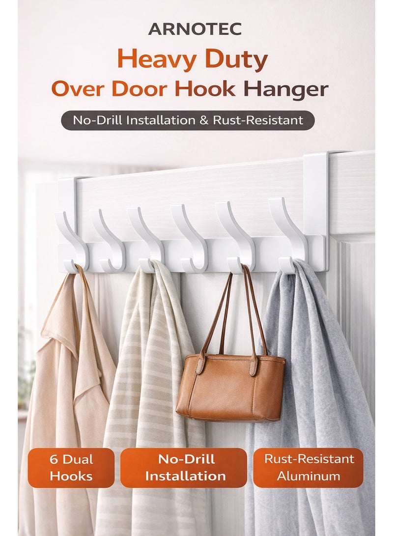 ARNOTEC Heavy-duty door hooks, rust-proof, 6 hooks, space-saving door storage rack for hanging coats, towels, bags, and bathrobes (white). - Image 1