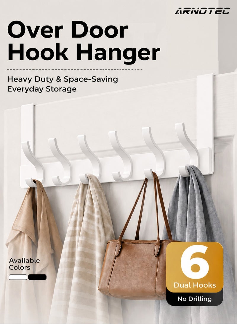 ARNOTEC Heavy-duty door hooks, rust-proof, 6 hooks, space-saving door storage rack for hanging coats, towels, bags, and bathrobes (white). - Image 1