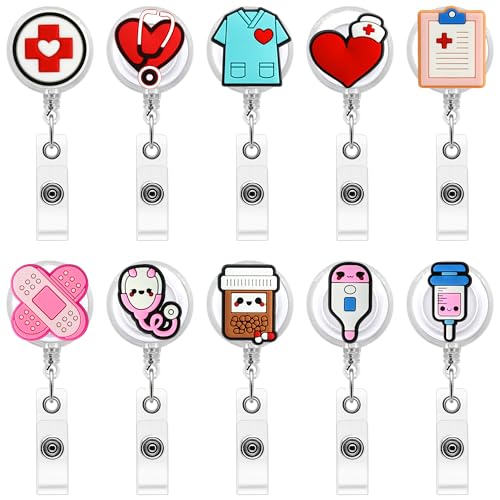 YEALQUE 10 Pack Nurse Badge Reel Holder Retractable Nursing ID Badge Reels Cute for Nurses Doctor Medical Health Hospital Office Worker Gifts(A-10PCS) … - Image 1
