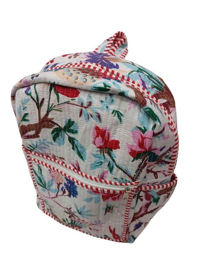 Doraya Cotton Quilted Unisex Backpack Hand Block Floral Printed Design Stylish Eco-Friendly Bag for School, Travel, and Everyday Adventures (White 2) - Image 4