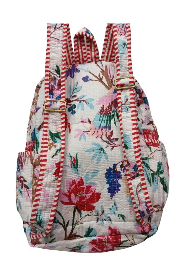 Doraya Cotton Quilted Unisex Backpack Hand Block Floral Printed Design Stylish Eco-Friendly Bag for School, Travel, and Everyday Adventures (White 2) - Image 2