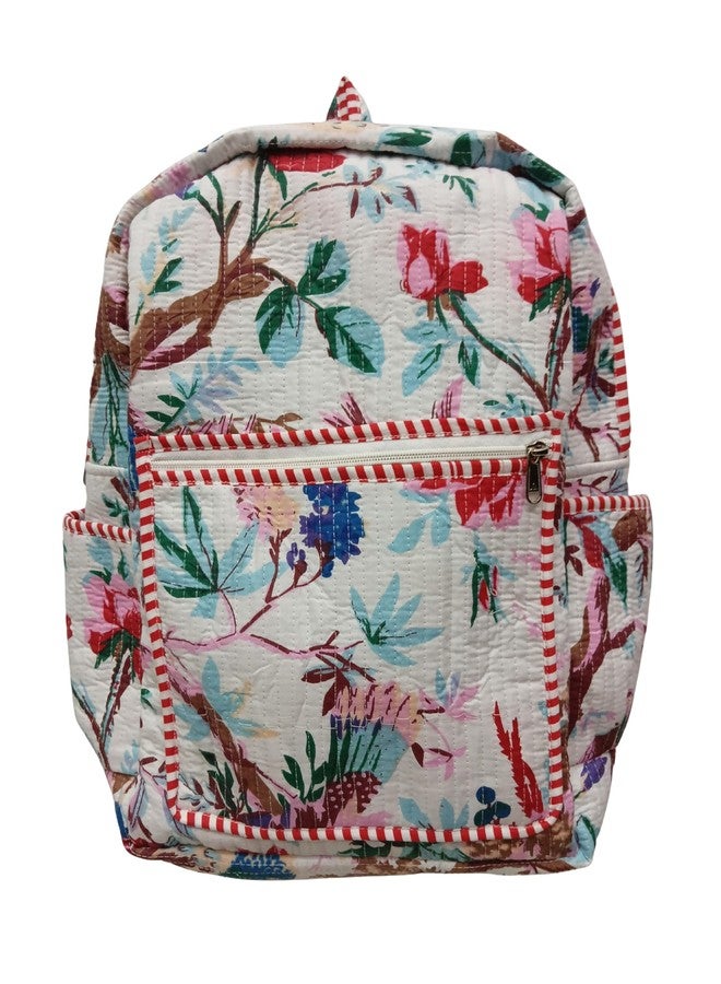 Doraya Cotton Quilted Unisex Backpack Hand Block Floral Printed Design Stylish Eco-Friendly Bag for School, Travel, and Everyday Adventures (White 2) - Image 1