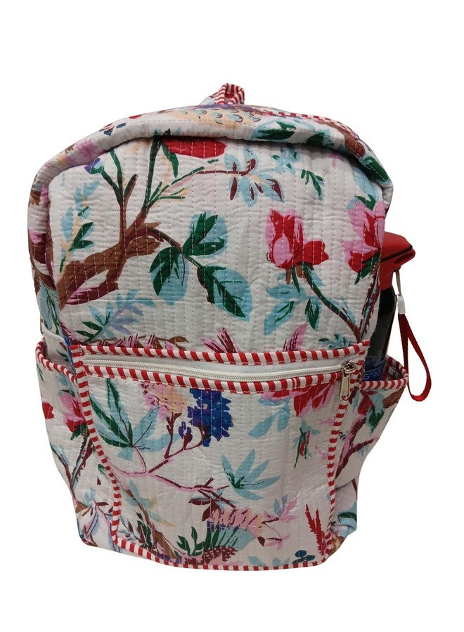 Doraya Cotton Quilted Unisex Backpack Hand Block Floral Printed Design Stylish Eco-Friendly Bag for School, Travel, and Everyday Adventures (White 2) - Image 3