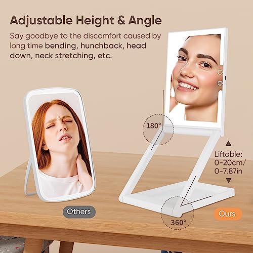 GURUN Adjustable Height Portable Folding Travel Makeup Mirror with 3 Colors Light 10X Magnification 2000mha Rechargeable Tabletop Vanity Mirror Brightness Adjustable M3003-2000 - Image 2