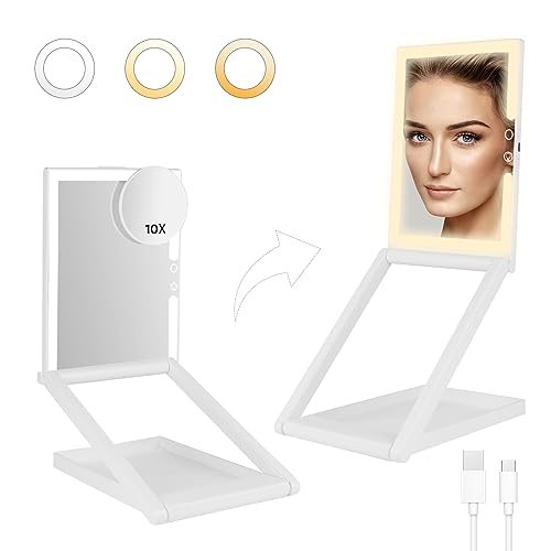 GURUN Adjustable Height Portable Folding Travel Makeup Mirror with 3 Colors Light 10X Magnification 2000mha Rechargeable Tabletop Vanity Mirror Brightness Adjustable M3003-2000 - Image 1