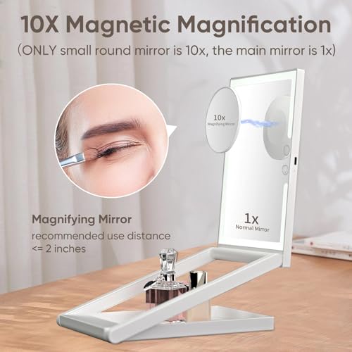 GURUN Adjustable Height Portable Folding Travel Makeup Mirror with 3 Colors Light 10X Magnification 2000mha Rechargeable Tabletop Vanity Mirror Brightness Adjustable M3003-2000 - Image 3