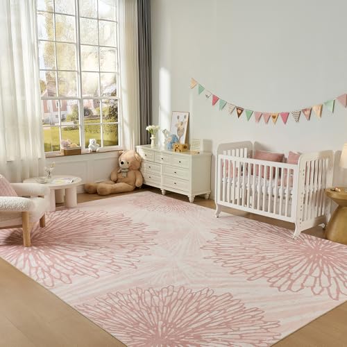 WITSHOCK Pink Rugs for Bedroom Girls: 8x10 Modern Large Washable Soft Cute Boho Floral Pattern Area Rug Neutral Indoor Floor Non-Slip Carpet for Living Room Dining Nursery Kids Playroom Baby Room House Decor - Image 2