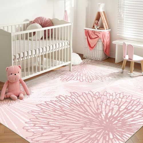 WITSHOCK Pink Rugs for Bedroom Girls: 8x10 Modern Large Washable Soft Cute Boho Floral Pattern Area Rug Neutral Indoor Floor Non-Slip Carpet for Living Room Dining Nursery Kids Playroom Baby Room House Decor - Image 1