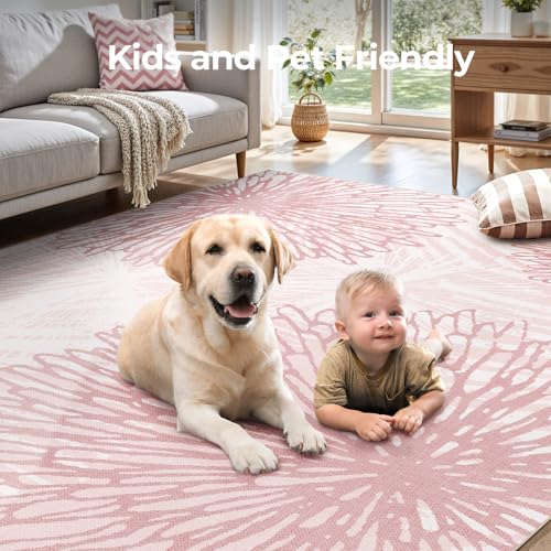 WITSHOCK Pink Rugs for Bedroom Girls: 8x10 Modern Large Washable Soft Cute Boho Floral Pattern Area Rug Neutral Indoor Floor Non-Slip Carpet for Living Room Dining Nursery Kids Playroom Baby Room House Decor - Image 5