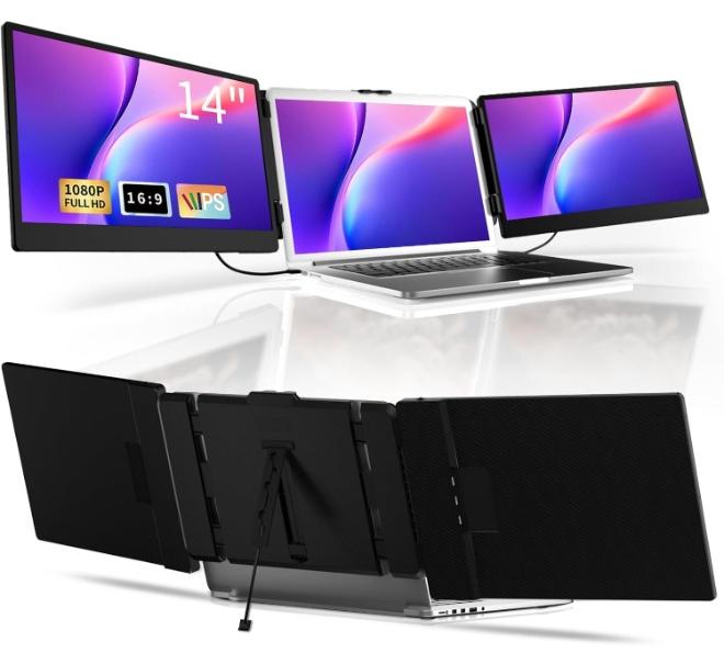 14" Triple Laptop Screen Extender, FHD 1080P Dual Portable Monitors for 13–17" Laptops, Foldable Plug & Play Travel Display for Windows, Mac, PS5, Switch - Image 1
