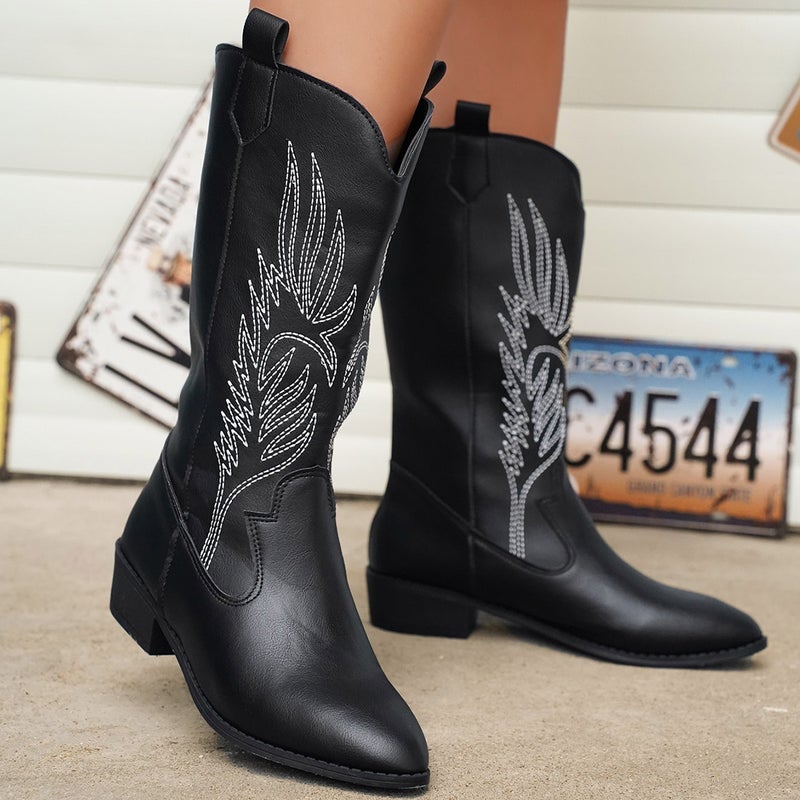 2023 New Western Cowboy Boots Vintage Martin Boots Women'S Net Red Pointed Toe Chunky Heel Mid-Calf Knight Women'S Boots - Image 2