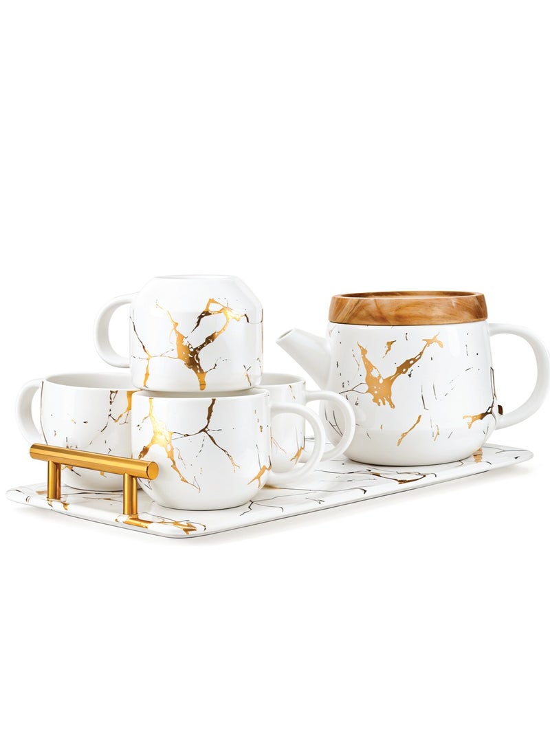 BERAM Ceramic Teapot Set Teapot 4 Cups and Tray Stylish Gold Marble Design Porcelain Tea Sets Scratch Resistant Decorative Tea Set with Gift Packaging Tea Party Set White and Gold - Image 1