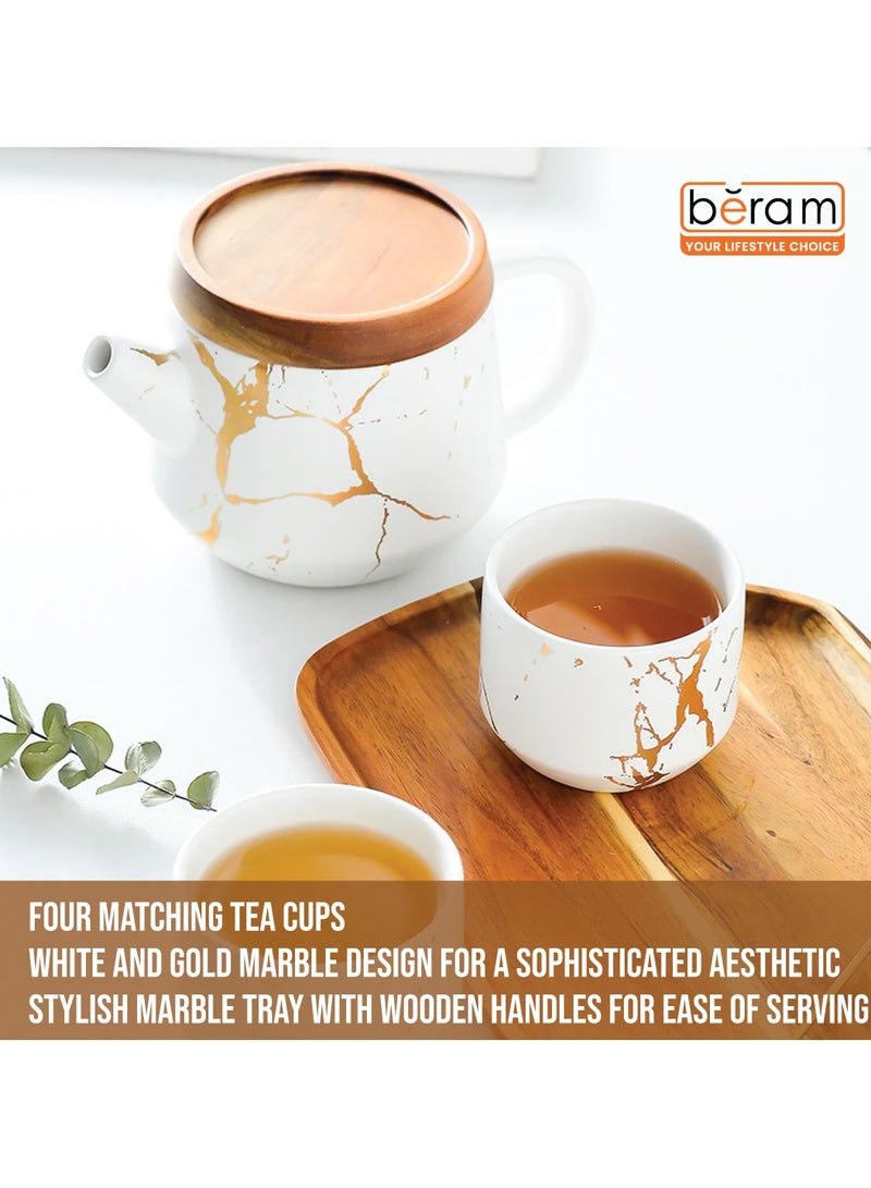 BERAM Ceramic Teapot Set Teapot 4 Cups and Tray Stylish Gold Marble Design Porcelain Tea Sets Scratch Resistant Decorative Tea Set with Gift Packaging Tea Party Set White and Gold - Image 3