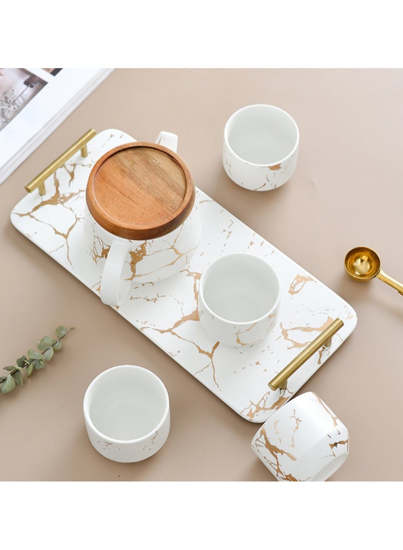 BERAM Ceramic Teapot Set Teapot 4 Cups and Tray Stylish Gold Marble Design Porcelain Tea Sets Scratch Resistant Decorative Tea Set with Gift Packaging Tea Party Set White and Gold - Image 5