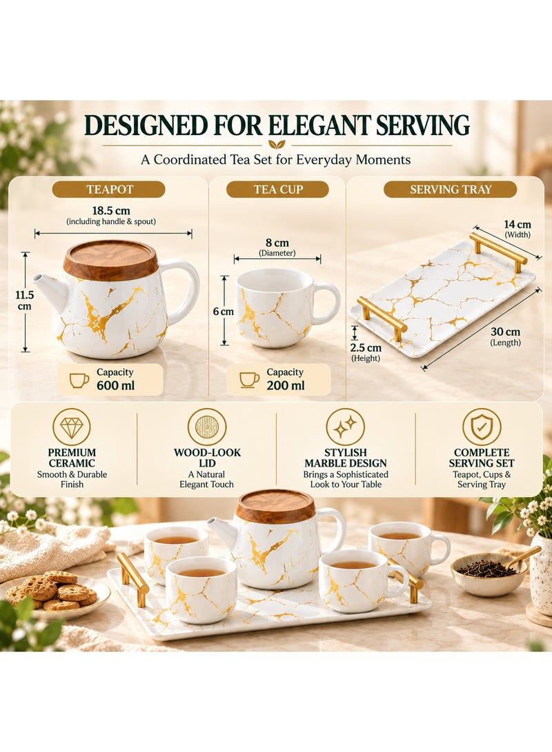 BERAM Ceramic Teapot Set Teapot 4 Cups and Tray Stylish Gold Marble Design Porcelain Tea Sets Scratch Resistant Decorative Tea Set with Gift Packaging Tea Party Set White and Gold - Image 3