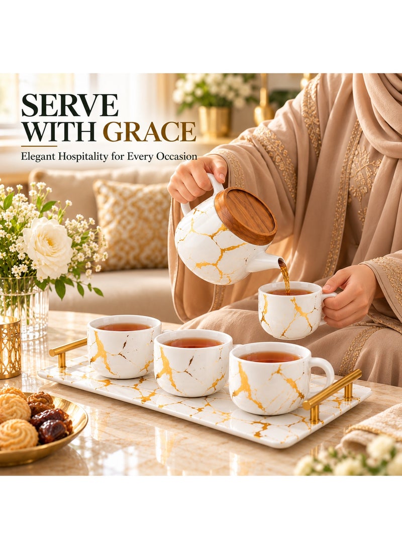 BERAM Ceramic Teapot Set Teapot 4 Cups and Tray Stylish Gold Marble Design Porcelain Tea Sets Scratch Resistant Decorative Tea Set with Gift Packaging Tea Party Set White and Gold - Image 2