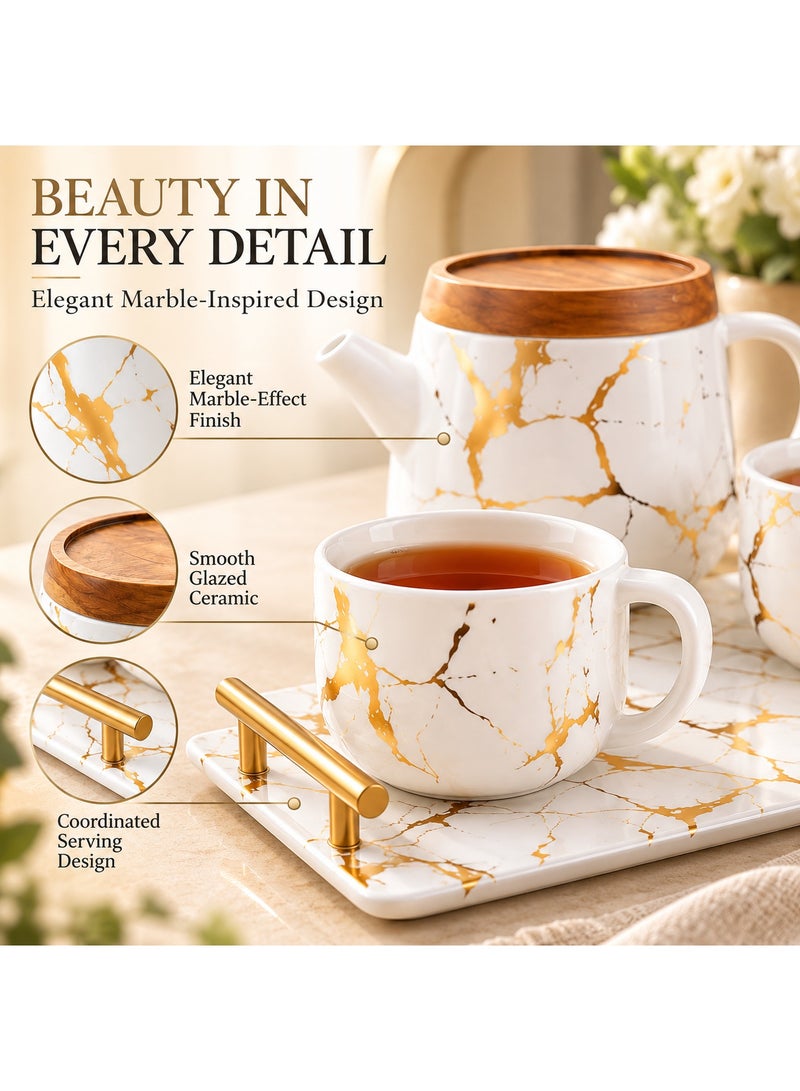 BERAM Ceramic Teapot Set Teapot 4 Cups and Tray Stylish Gold Marble Design Porcelain Tea Sets Scratch Resistant Decorative Tea Set with Gift Packaging Tea Party Set White and Gold - Image 5