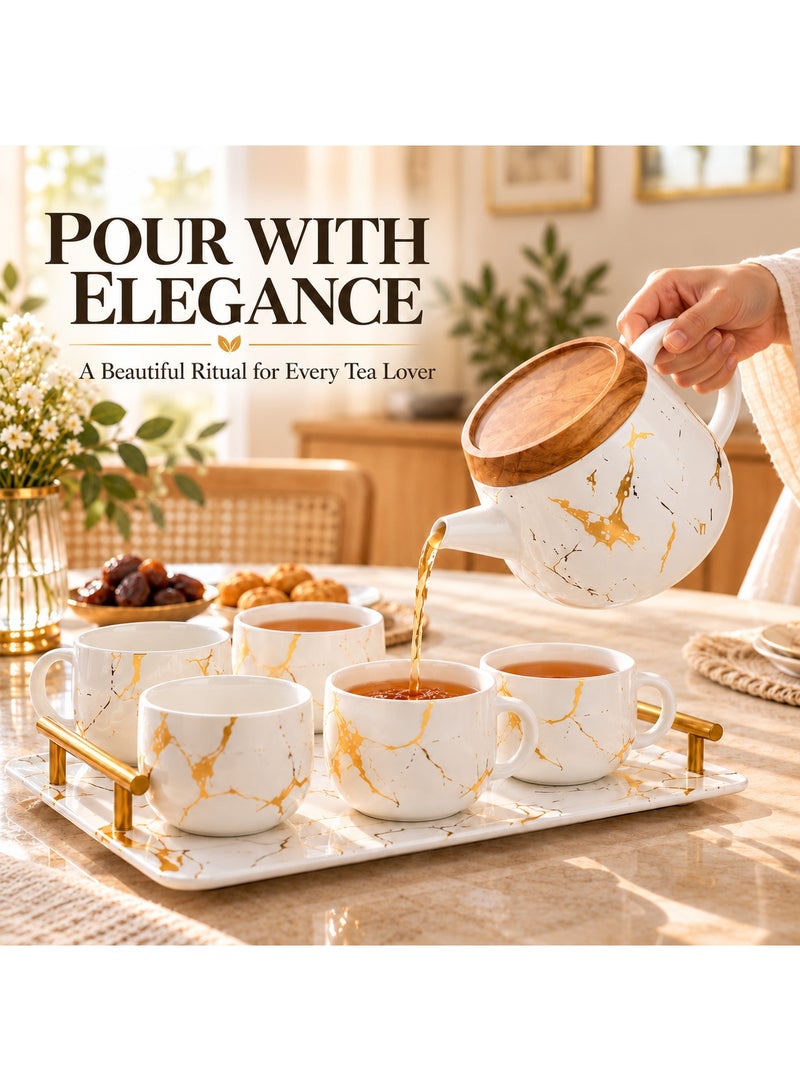 BERAM Ceramic Teapot Set Teapot 4 Cups and Tray Stylish Gold Marble Design Porcelain Tea Sets Scratch Resistant Decorative Tea Set with Gift Packaging Tea Party Set White and Gold - Image 4
